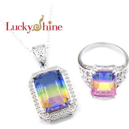 LuckyShine 925 Silver Rainbow rectangleBi Colored Tourmaline Gems For Women Rings/Pendants Jewelry Sets NEW