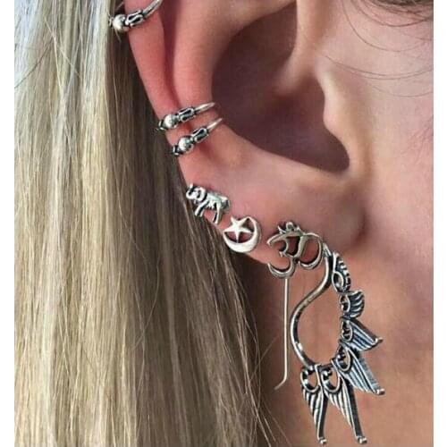 Ea918 2018 hot sale New punk Bohemian Vintage simple elephant moon star star lotus seven sets of earrings ear clip jewelry