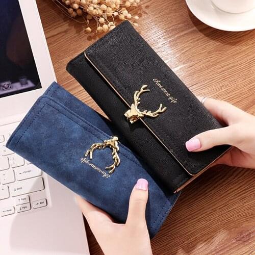 Wholesale Women Wallet Card Wallet Female Purse Leather Long Coin Holder Metal Christmas Deer Cash Pocket 100PCS/lot
