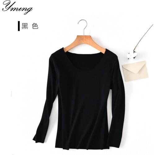 YMING Ms. Autumn And Winter Clothing Plus Velvet Solid Color Bottoming Shirt Ladies Warm T-Shirt Long Sleeve Round Neck Shirt