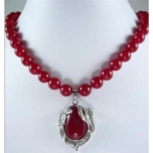 0002113 10mm Red Ruby Round Beads Gems Oval Pendant Necklace 18"