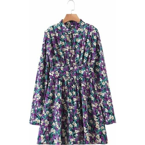 Evfer Women Fashion Floral Print Za Sprint Autumn Pruple Mini Dresses Chic Lady Elegant Elastic High Waist Pleated Chiffon Dress