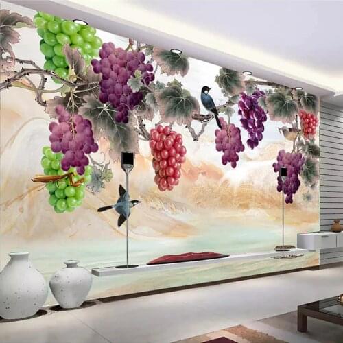Custom 3D Wall Murals Wallpaper New Chinese Style Hand Painted Purple Grape Flowers Birds Art Wall Painting Living Room Bedroom