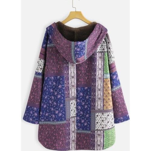 Casual Ethnic Print Fleece Hooded Retro Boho Cotton Jacket Parkas Warm Coat Women Outwear Loose Plus Size M-5XL Winter Clothes