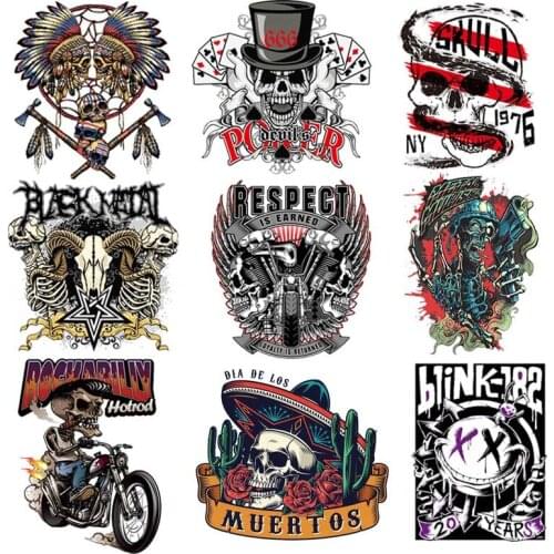 Pulaqi Punk Rock Skull Patch Vinyl Transfer Hot Iron on Transfers Patches for Clothes Stripes Thermal Stickers on Clothes Badges