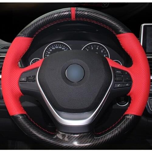Hand sewing custom Carbon Fiber Leather Red Leather Red Marker Car Steering Wheel Cover for BMW F30 320i 328i 320d F20
