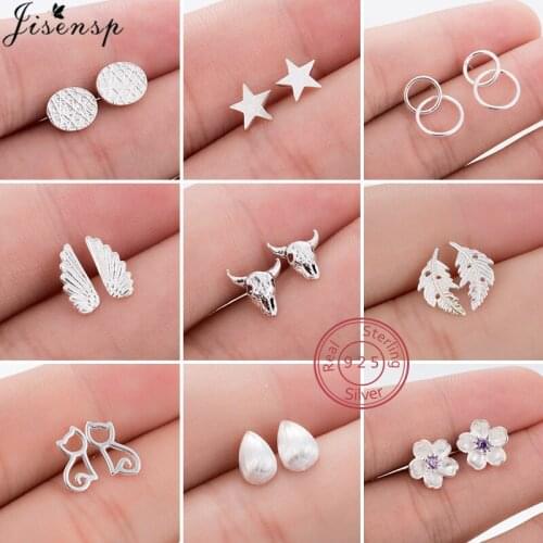 Real 925 Sterling Silver Women Leaf Cat Flower Star Small Stud Earrings for Girls Kids Fine Jewelry Pendientes Plata De Ley 925