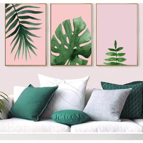 Fresh Plant Theme Posters Wall Art Botanical Prints Tropical Leaf Pink Background Canvas Painting Decor for Living Room