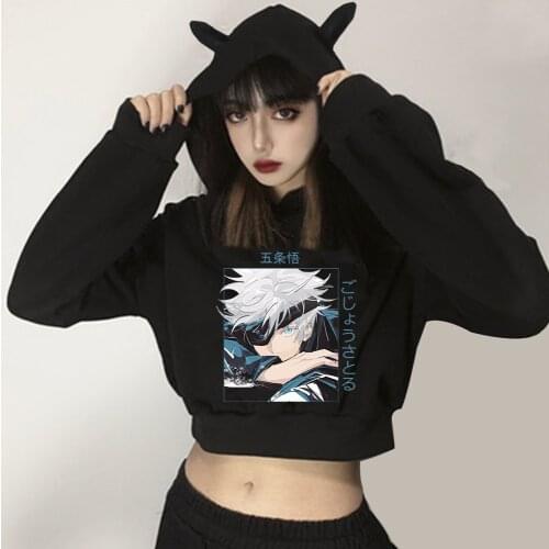 Japanese Anime Jujutsu Kaisen Gojo Sator Printed Short Hooded Sweatshirt Casual Sweatshirts Autumn Winter Pullover Hoodie