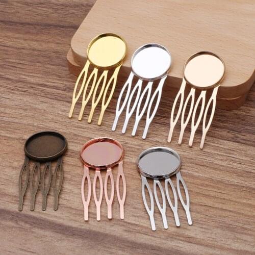 5pcs/lot Gold Silver Color 4 Tooth Comb Hairpin Hair Clips Base Setting fit 20mm Round Cabochon Cameo Wedding Headwear Base