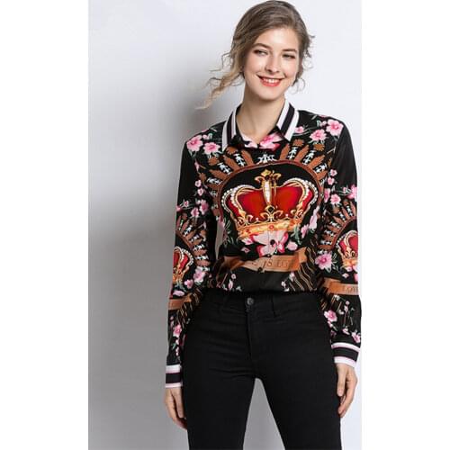 Runway Designer Vinatge Blouses 2021 Spring Summer Womens Long Sleeve Elegant Chiffon Flower Crown Print Shirt Fashion Tops