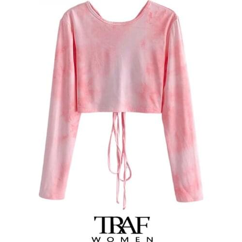 TRAF Za Women Fashion With Tied Tie-dye Print Cropped Blouses Vintage Long Sleeve Backless Female Shirts Chic Tops