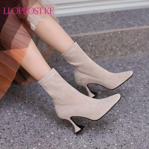 Lloprost ke Women Ankle Boots Faux Suede Square Toe Women Short Boots Strange Style Women Stretch Boots Slip on Shoes Size 34-43