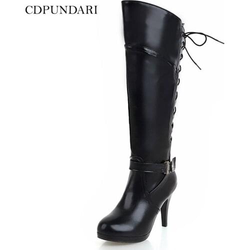 Round Toe Women Platform Knee High Boots Ladies High Heels Boots Ladies Autumn Winter Long Boots Black Brown Red White