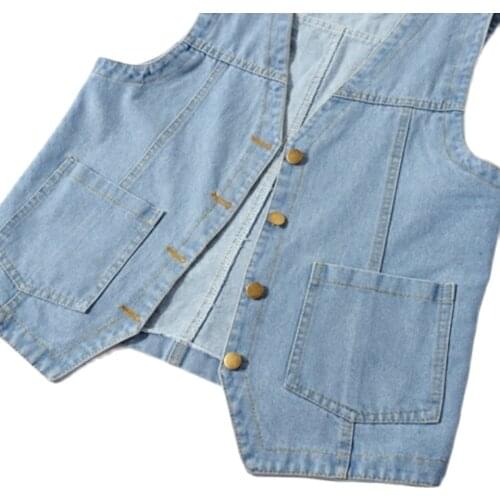 Women Vests Sleeveless Jacket Denim Chic Simple Outwear Vest Waistcoat Casual Short Beaded Holes Slim All-Match Cropped Coat