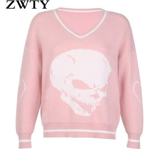 WTY Gothic Skull Print Autumn Winter Woman Sweaters Fashion New Loose Y2K Pullover Harajuku Knitted Sweater Ladies Pull Femme