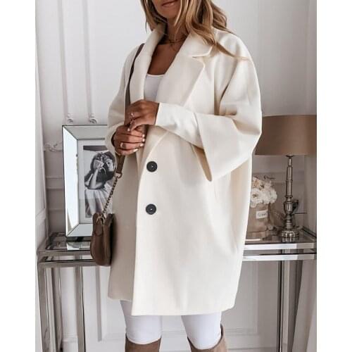 Women Fashion Casual Autumn Spring Solid Woolen Coat OL Female Pockets Loose Plus Size 2XL Button Design Casual Coat