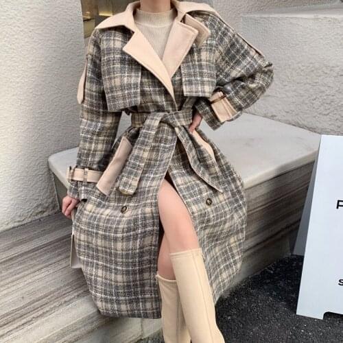 Womens Plaid Woolen Coat Autumn Winter Coat With Belt Long Streetwear Vintage Wool Jacket 2021 New Long Sleeve Female Outerwear
