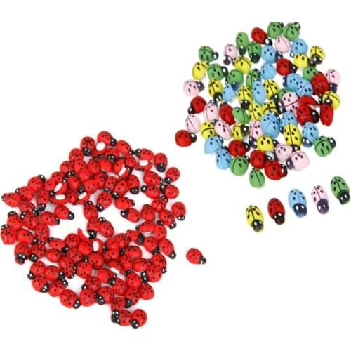 100Pcs/Set Wooden Simulation Beetle Garden Ornaments Realistic Ladybug Mini Panel Landscape Ladybug Decoration Craft