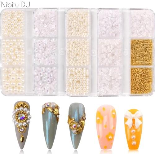 6Grid/Box Nail Decorations Beige White Pearl Mini Small Stainless Steel Beads Gold Caviar Parts Nail Art Accessories Supplies
