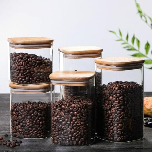 Wood Lid Square Glass Transparent Airtight Canister Kitchen Storage Bottles Jars Food Grains Tea Coffee Grains Candy Containers