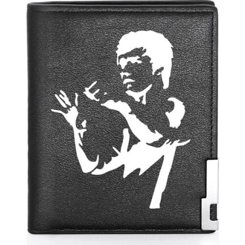 Kung Fu Superstar Bruce Lee Design Black Leather Men Wallet Classic Credit Card Holder Short Purse
