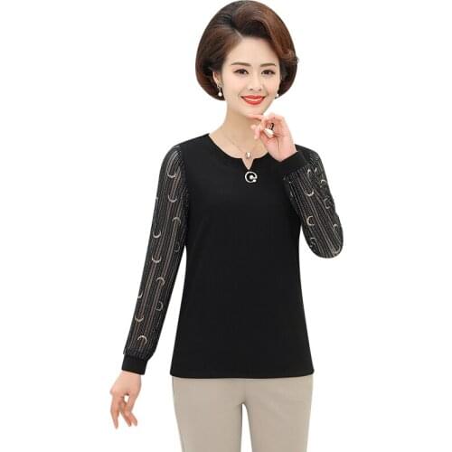 Lace Long Sleeve Mother Tops Spring Autumn Pullover T-Shirts Elastic Plus Size 5XL Middle Age Women V-neck Tee Shirts 2021 New