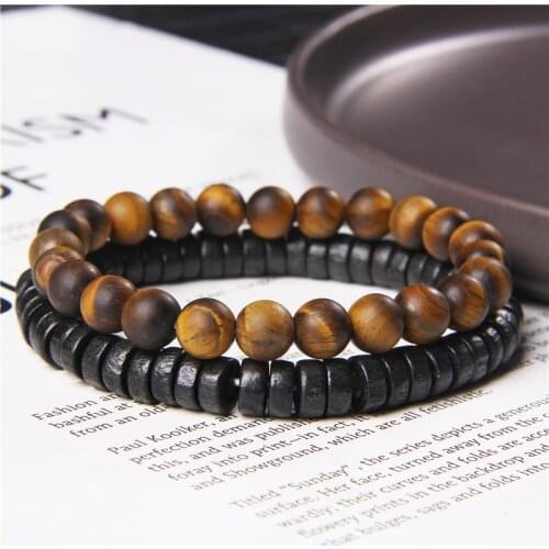 2pcs/set Matte Natural Yellow Tiger Eye Lava Stone Wood Bracelet Handmade Stone Beads bracelets Jewelry for Men Women Homme Gift