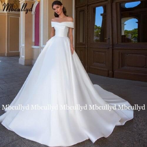 Mbcullyd Princess Chapel Train Satin Wedding Dresses Off Shoulder Long Ball Gown Bride vestidos de novia 2020 Plus Size