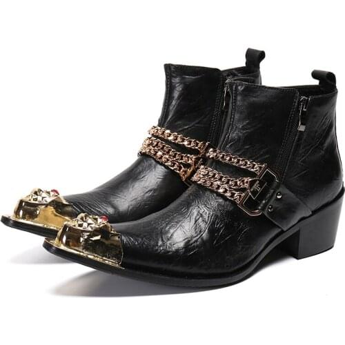 Men boots chelsea boots men Metal chain decoration pointed leather shoes man formal shoes Boots Fashion high heel Side zipper