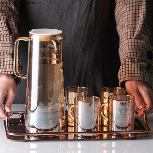 Glass Drinkware Set Seven-piece Set Transparent Amber Cold Kettle Home Drinking Glass Water Bottles with Stainless Steel Tray