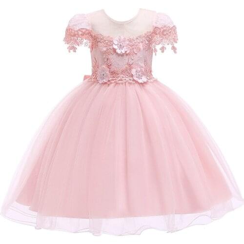 New Design Flower Girls Dresses Children Lace Sleeves Flower Tulle Party Wedding Gown Formal Girls Communion Dress Vestido
