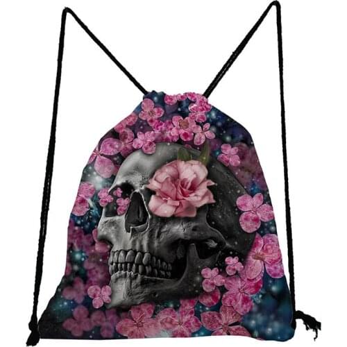 New Trend Drawstring Bags Cool Unisex Softback Bag Halloween Candy Bag Floral Skull Print Backpack Bag Custom Pattern School Bag