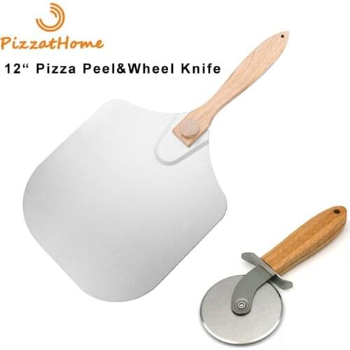 PizzAtHome 12 inch Pizza Peel Aluminum Pizza Shovel Removable Foldable Wooden Handle Pizza Peel Stainless Steel Wheel Cutter Set
