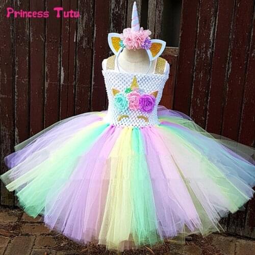 Rainbow Unicorn Tutu Dress Girl Kids Halloween Birthday Party Dress Children Princess Tulle Dress Little Horse Cosplay Costume