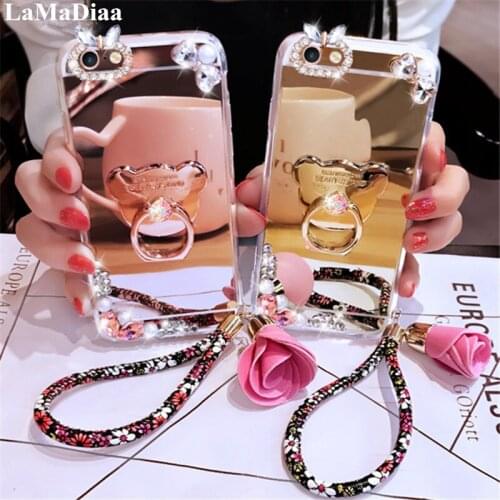 Luxury Rhinestone Case Cover For iPhone 12 11 Pro MAX 7 8 6 Plus XS XR MAX Glitter Mirror Girls With Ring Stand Holder Soft TPU