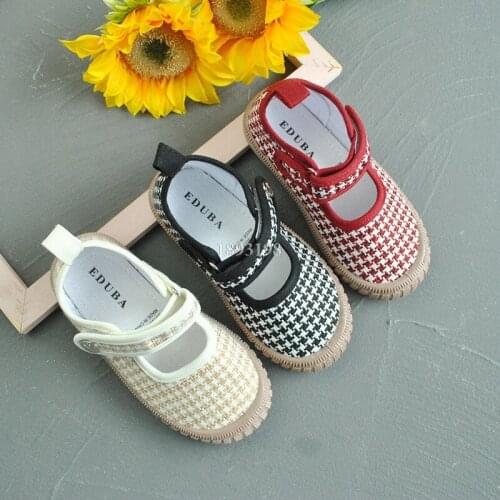 Spring Autumn Children Linen Plaid Low Cut Shoes Kids Casual Breathable Hooks Canvas Shoes Indoor Girls Square Shoes