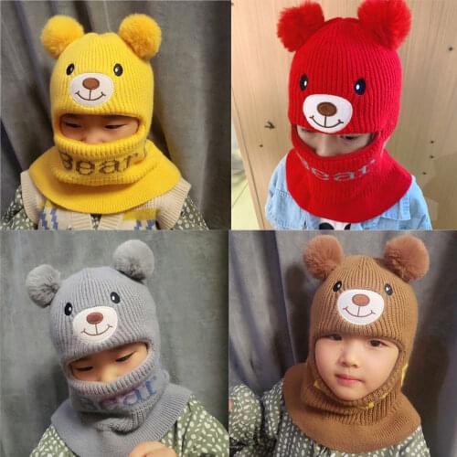Cartoon Bear Baby Boy Girl Sky Hats Winter Warm Ball Knitted Crochet Earflap Beanie Hats Double Ball Kids Hats Cap