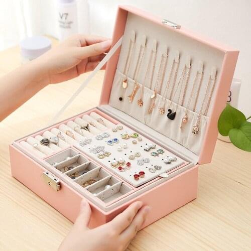PU Lock Jewelry Box Jewelry Display Stand Princess European Style Jewelry Storage Box Earrings Desktop Simple Double Storage Box