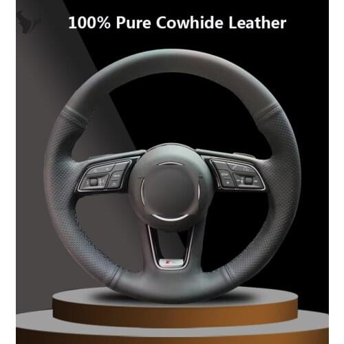 Hand-stitched Black Genuine Leather Steering Wheel Cover for Audi A1 (8X) Sportback A3 (8V) A4 (B9) Avant A5 (F5) Q2