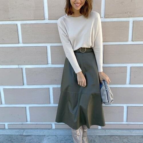MEIYANGYOUNG Elegant Belt Leather Skirt Women A-Line High Waisted Skirt Korean Style Autumn Winter Midi Skirts Womens 2020