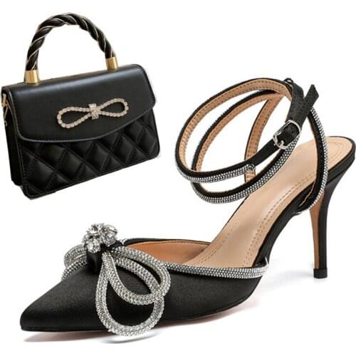 Summer Runway style Glitter Rhinestones Women hanbags Pumps Crystal bowknot Satin Lady Shoes and bag for women shoulder bag