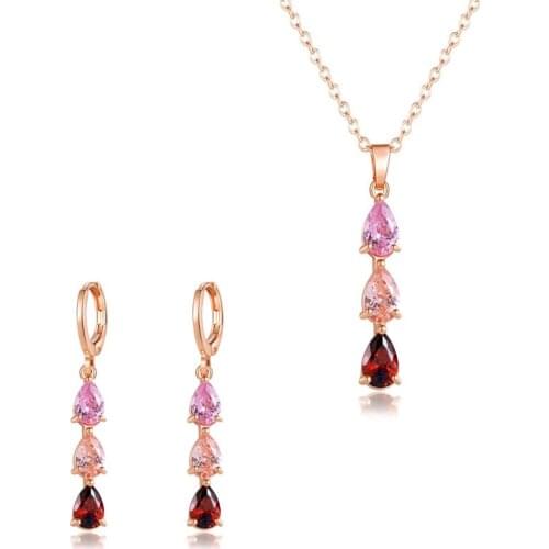 Floralbride Rose Gold Fashion Bijoux Anti-allergic Girls Colorful Cubic Zirconia Necklace Pendant Earring Set Women Jewelry Set