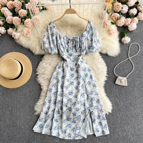 SINGREINY Women French Floral Dress Sweet Puff Sleeve Square Collar A-line Dresses Summer Bohemian Holiday Split Print Sundress