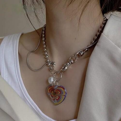 Vintage Punk Choker Female Color Coloured Glaze Big Heart Pendant Necklace Pearl Clavicle Chain for Hip Hop Women Jewelry Gifts