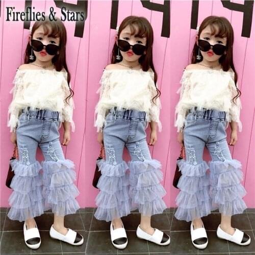Spring girls 2 pcs set baby blouse + denim pants kids suit children set shoulderless ripped mesh layered flare pants 1 to 6 yrs