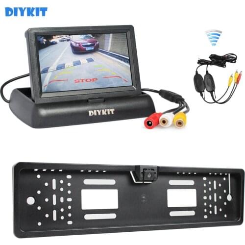 DIYKIT Wireless Foldable 4.3inch LCD Display Car Monitor + Waterproof European Car License Plate Frame Rear View Backup Camera