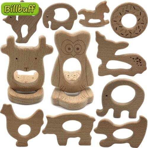 Baby Teether Beech Animals Wood Rings Deer Camera Hedgehog Food Grade BPA Free Wooden Teether Nursing Pendant Teething Toy Gift