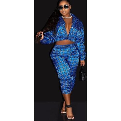 2021 spring fashion new street girl style sets long sleeve lapel dew waist top elastic long pants plaid two piece sets