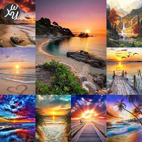 Seascape Diamond Art Kits for Adults Sunset Scenery Diamond Painting Accessories Coconut Tree Stitch Cross Stitch for Home Decor
